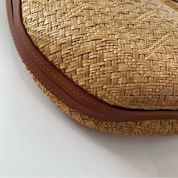 Vintage 80s Woven Straw Leather Trimmed Shoulderbag Brown Tan Double Straps - Picture 2 of 15